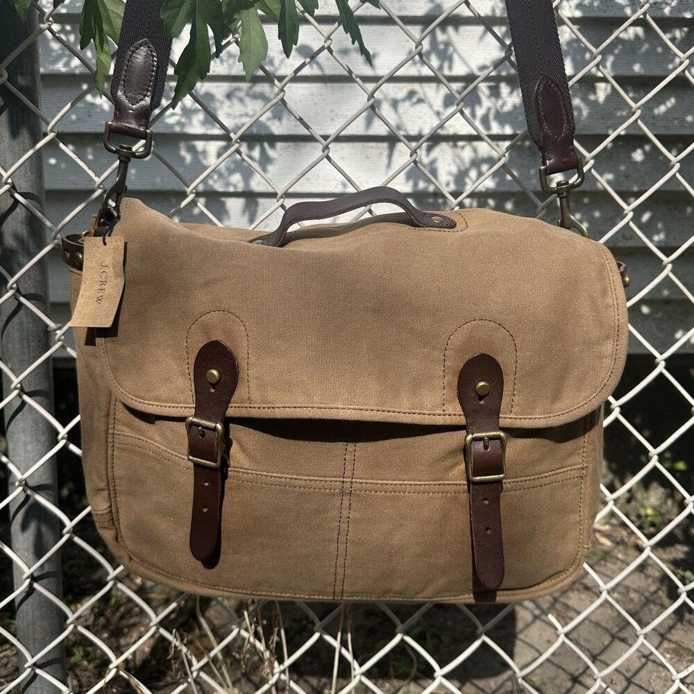 J. Crew Abingdon Abingdon Waxed Canvas Leather Messenger Bag Beige NWT